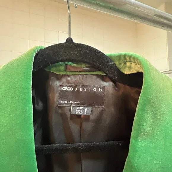 ASOS DESIGN Green Velvet Belted Blazer Jacket (UK 36 / US 36 / EU 46) Size Large - Picture 3 of 3